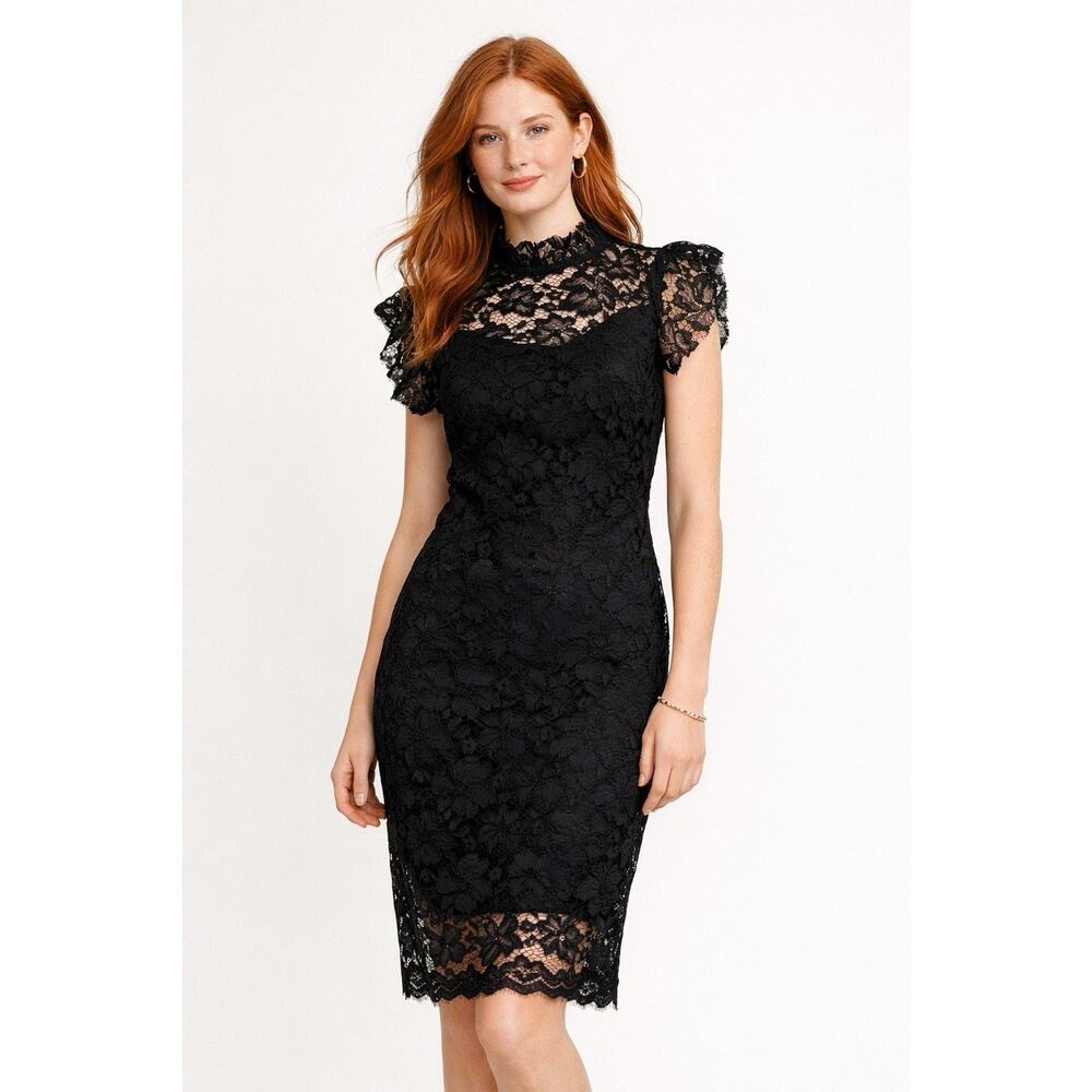 Enfocus Black Dramatic Lace Ruffle Neck Butterfly Sleeve Vampy Cocktail Dress 4